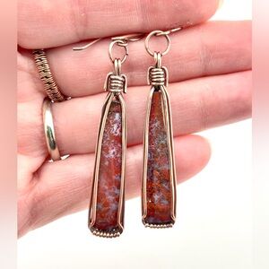 HANDMADE Indonesian Scenic Moss Agate Copper Wire Wrapped Dangle Earrings